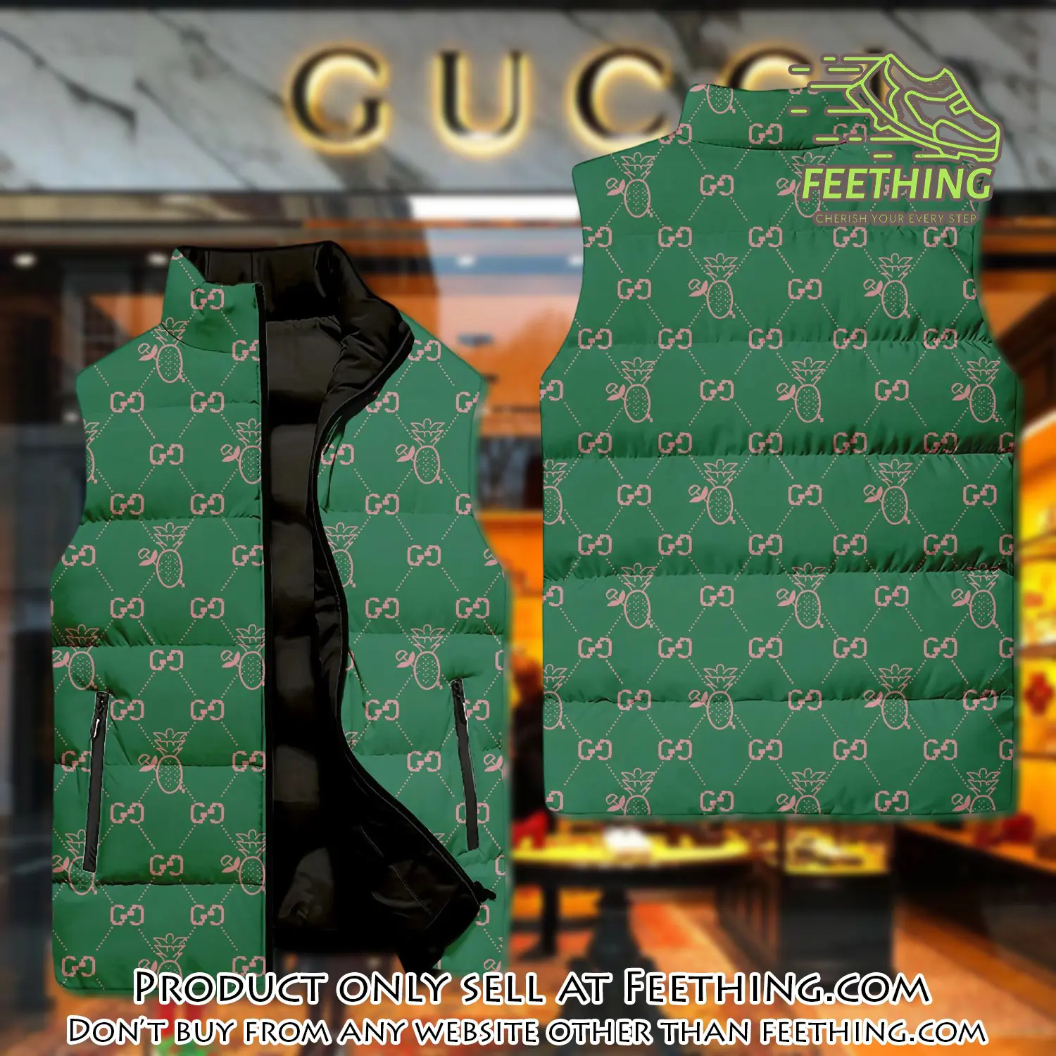 Gucci green pattern luxury brand 3d sleeveless down jacket ft5610699